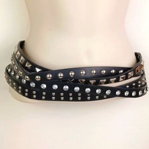 Edgy Strappy Silver Studded Black Faux Leather Rhinestone Ante-Upper Belt